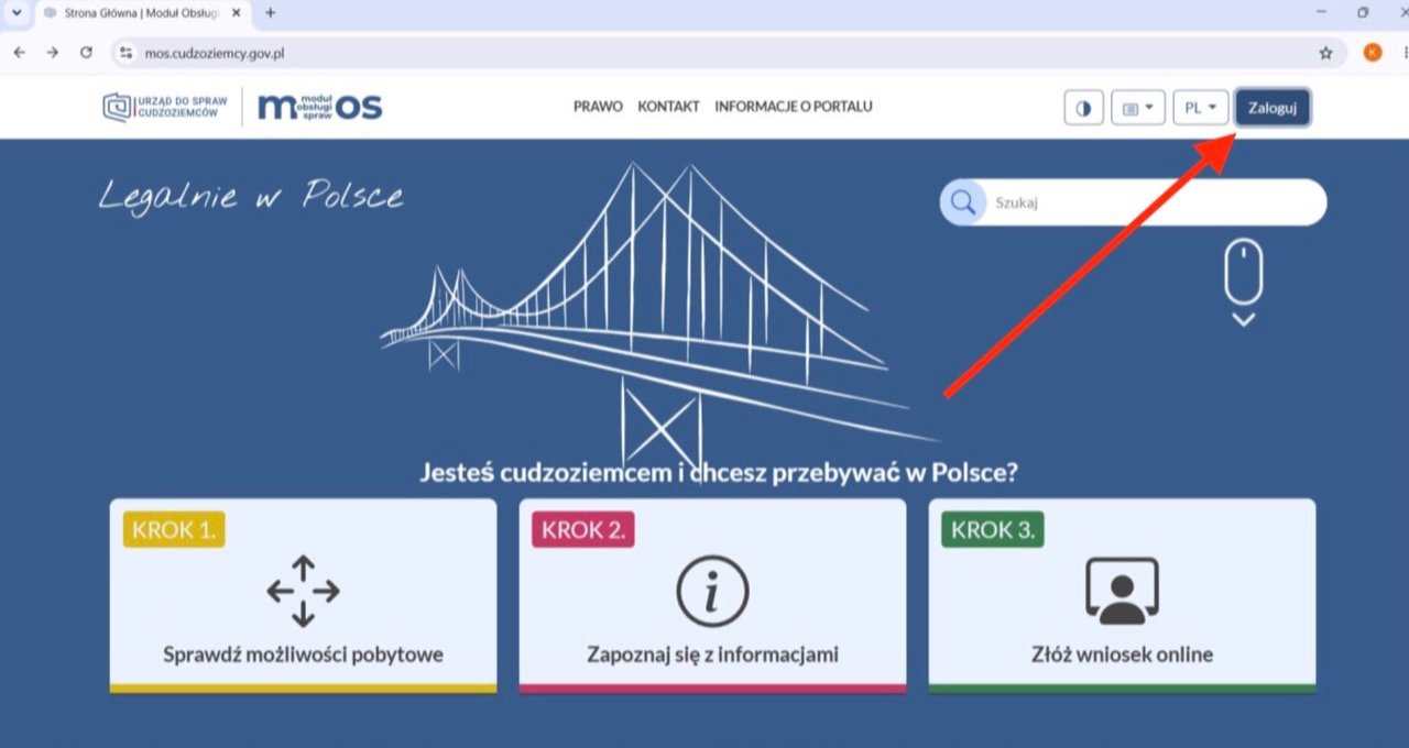 Головна MOS: натисніть «Zaloguj» і увійдіть через login.gov.pl